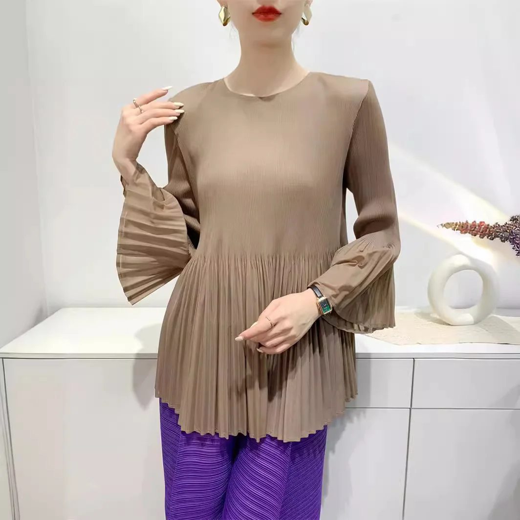 

Miyake Chic Breathable New Fashion Lantern Sleeve Pleated Women's T-shirt Elastic Slim Waist Mid-Length Pullover Top