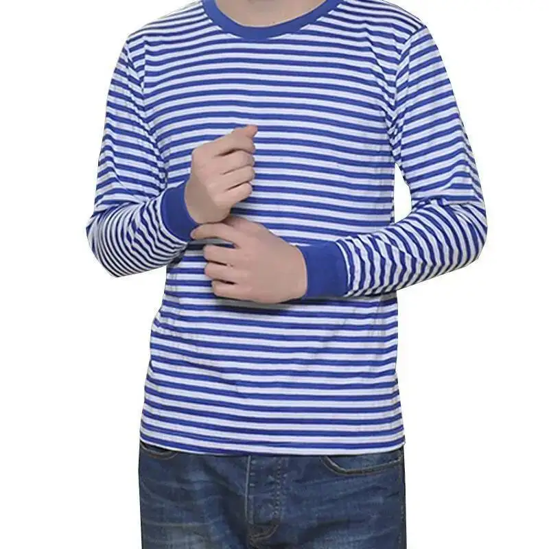 

Long-Sleeved Men's T-Shirt Loose Retro Versatile Spring Autumn Clothes Blue White Striped Cotton Sailor Suit