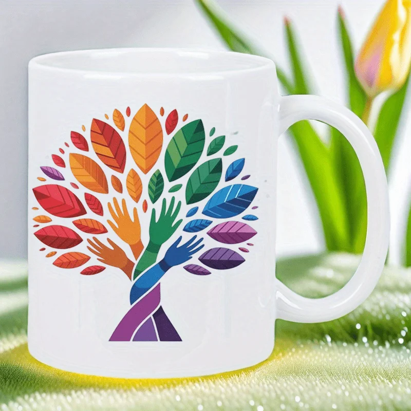 Tasse blanche en céramique Unity in Diversity - Celebrate Togetherness avec des mains colorées, cadeau parfait pour l'inclusivité et
