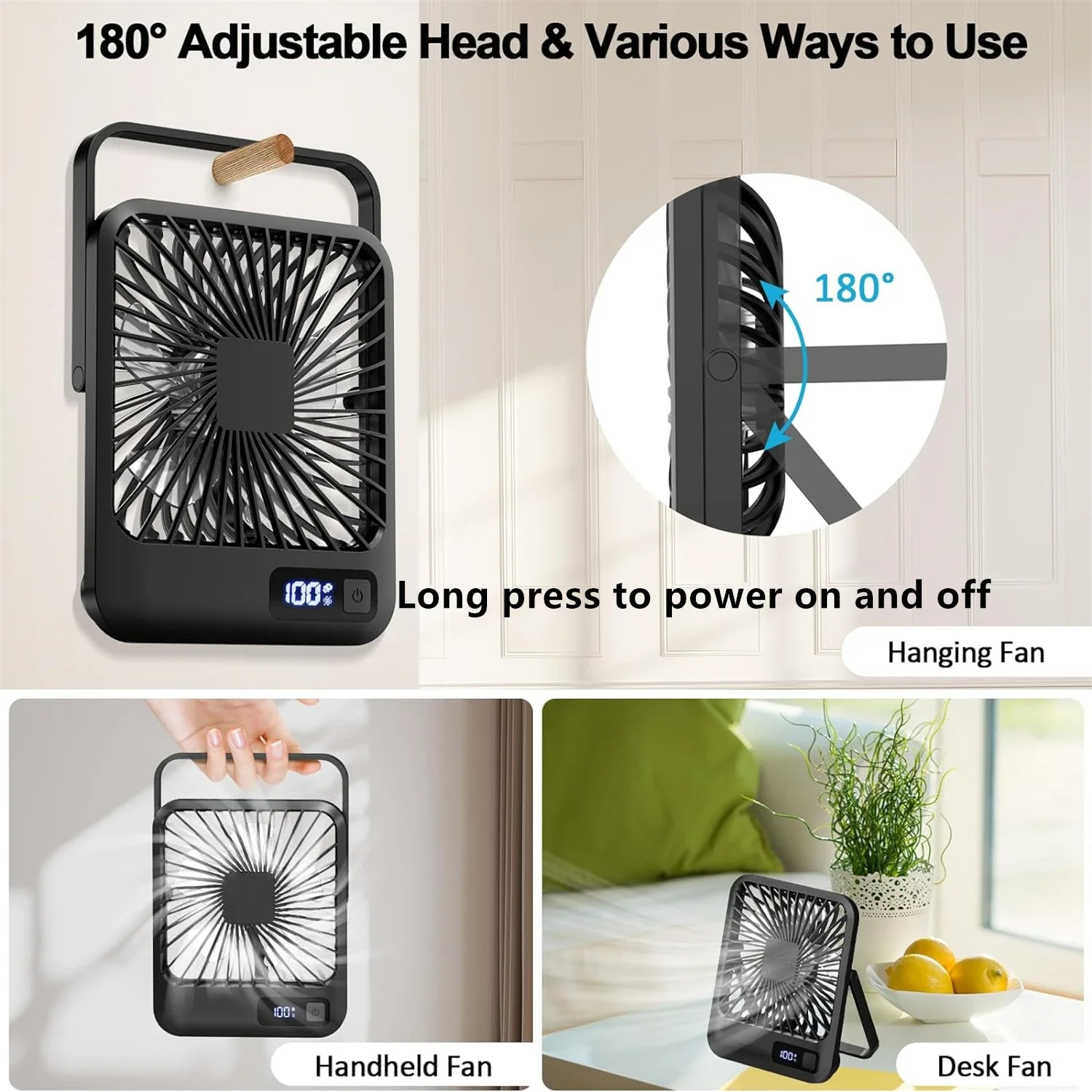 Ventilateur de bureau portable, aste par USB, pliable et inclinable à 180 °, avec affichage de puissance, 5 vitesses, ultra silencieux