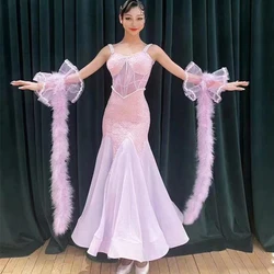 2024 Ballroom Dance Competition Dress Women Girls Pearl Pink Green Long Dress Waltz Dance Performance Clothes Prom Wear DNV22023
