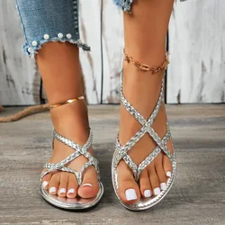 Women Sandals Ladies Square Heels Elegant Summer Slippers Outside Cross Tied Leather Female Slides 2024 Fashion Woman Sandals