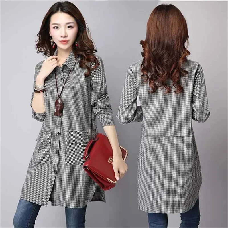 Manteau à carreaux mi-long pour femme, chemise doublée à manches longues, ample, vêtements pour femmes, auto-culture, nouvelle collection printemps et automne 2024