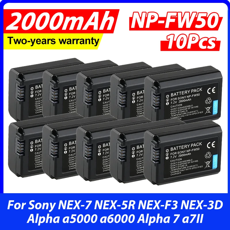 10Pcs 2000mah NP-FW50 NP FW50 Rechargeable Battery for Sony NEX-7 NEX-5R NEX-F3 NEX-3D Alpha a5000 a6000 Alpha 7 a7II