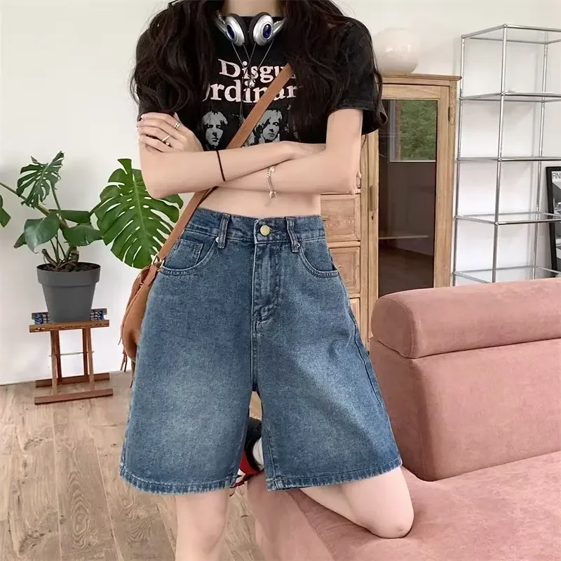 High Waist Five-Quarter Women's Jeans Straight Leg Slimming American Retro Design Loose Wide Leg Mid-Length Shorts