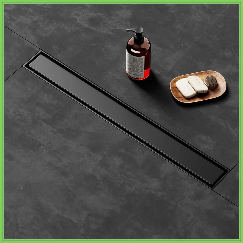 54 Inch Black Linear Shower Drain, Brushed AISI 304 Stainless Steel with 2-in-1 Tile Insert Panel for Bathroom