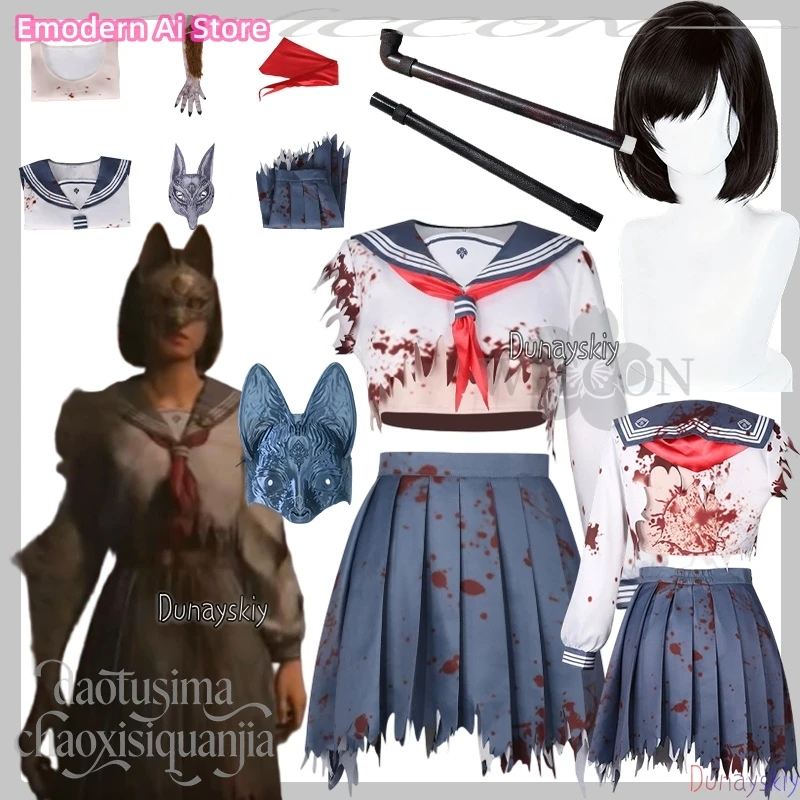 Juego de terror F Blanco JK Uniforme escolar Traje de tatuaje Ácido poliláctico 3D Máscara de zorro Accesorios Peludo Furrsuit Pelucas Halloween rsi상 Hinako