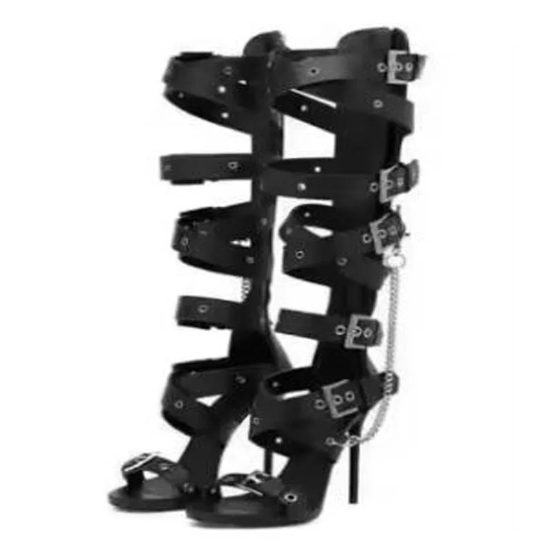 

Black Metal Buckle Straps Knee High Sandals Boots Stiletto High Heels Sliver Metal Chains Women Sexy Cut Out Long Boots Shoes