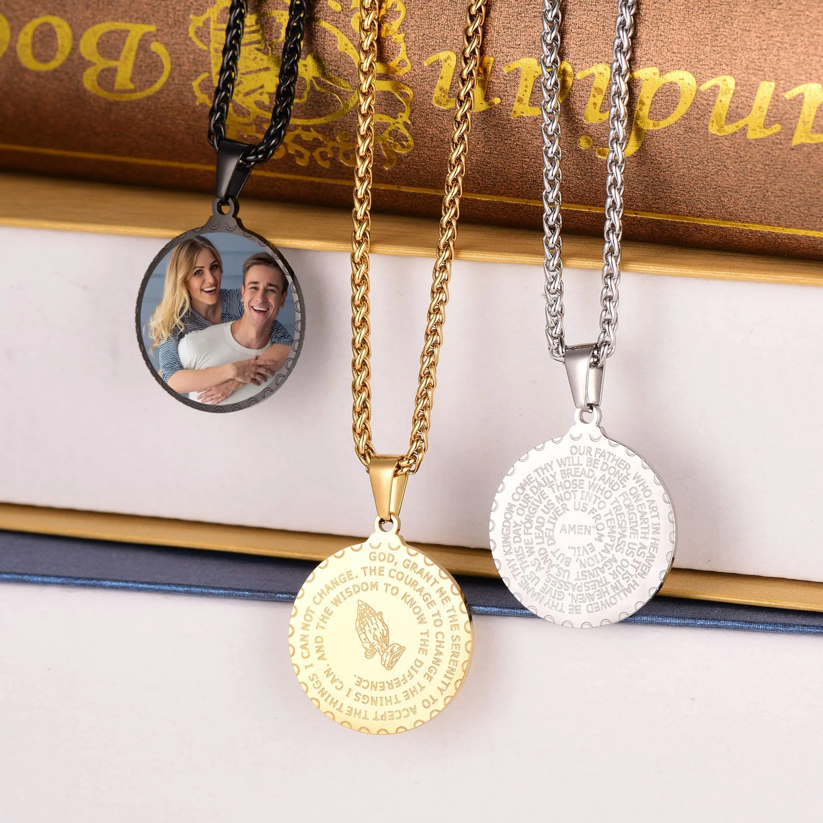 Personalized Custom Pictures Lords Prayer Bible Prayer Necklace with Praying Hands Pendant for Men Women Courage Wisdom Jewelry