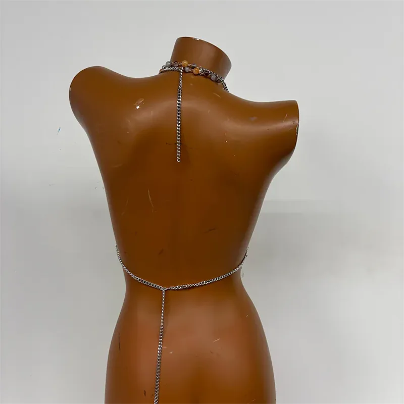 Handgefertigtes Perlen-Bodychain-Bralette für Damen, Neckholder, Naturstein, mehrlagiges Harness-Crop-Top, sexy Quasten-Bustier für Strand und Festival – Detail 6