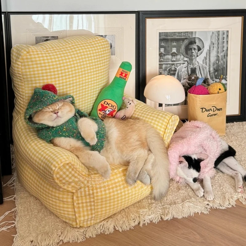 Sofa Hewan Peliharaan Gaya Korea Tempat Tidur Kucing Mini Kotak-kotak untuk Anjing Kecil Kursi Kain Dapat Dicuci Furnitur Hewan Peliharaan Kursi Hewan Peliharaan Anak-anak Nyaman