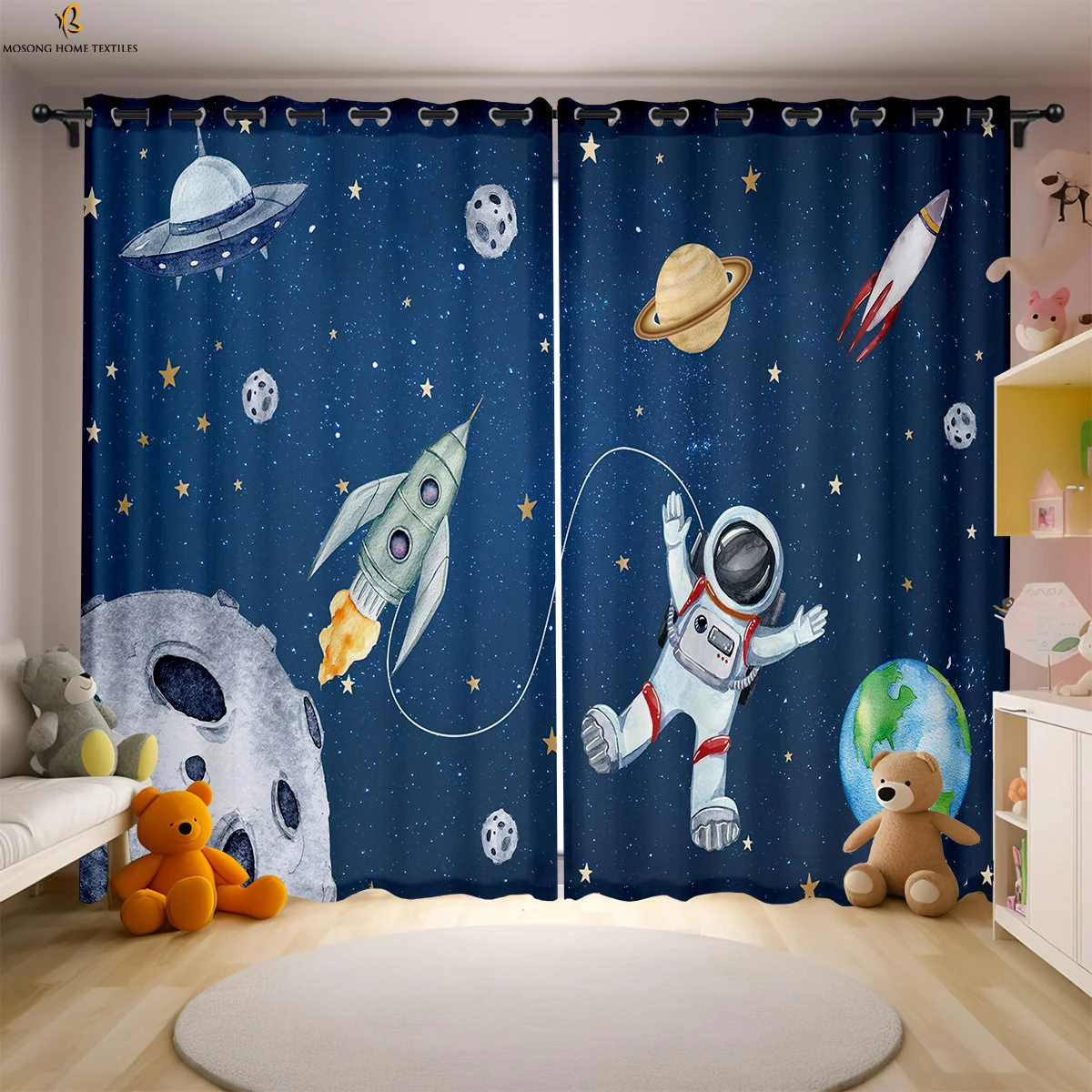 Cute Cartoon Space Astronaut Spaceship Printed Curtains Children's Favorite Room Window Decoration Curtains Can Be Customized