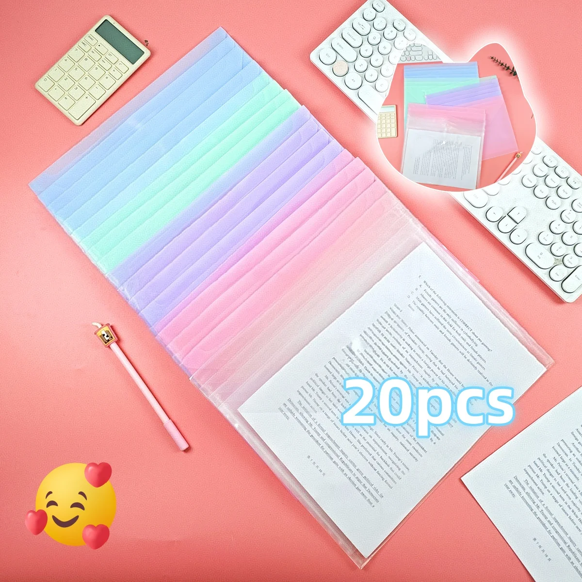 20 Pieces A4 File Bags with Gradient Transparent Snap Buttons, Thickeneded Large-Capacity Test Paper Storage Bags, Information Bags, Button Bags, File Bags