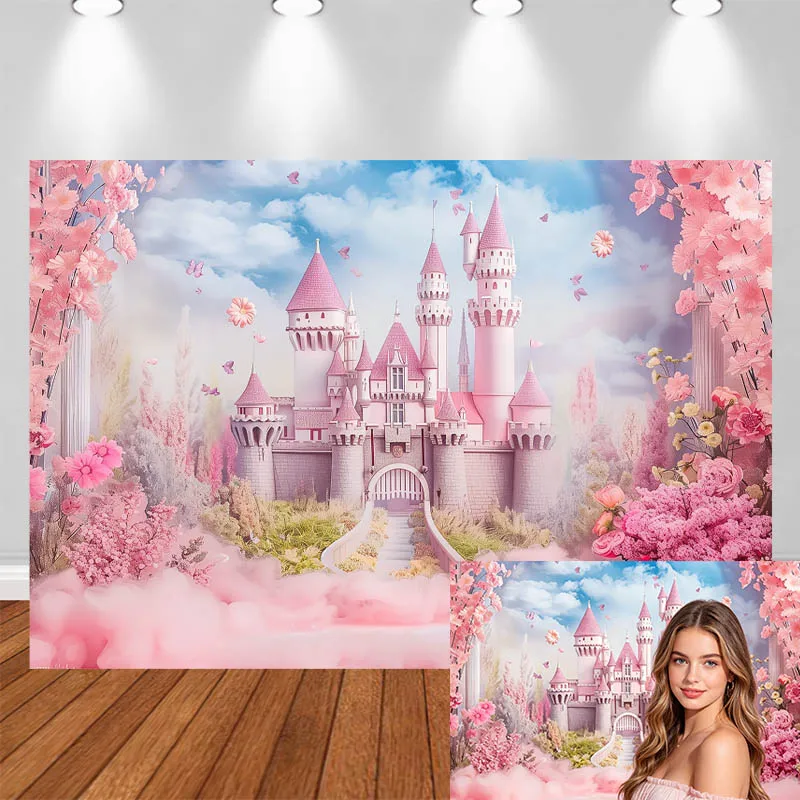 LS Photography Backdrop Castle Pink Flower Decor Birthday Wedding Cake Smash Baby Shower Kids Adult Portrait Photo Background