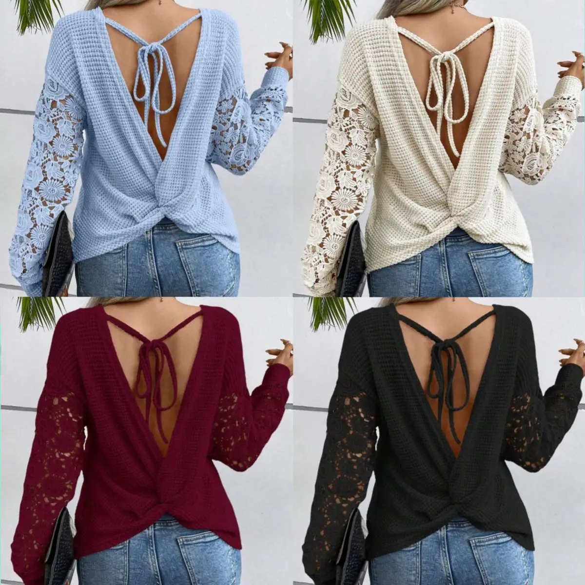 25 موديلًا جديدًا للربيع والصيف، تي شيرت فضفاض برباط بلون سادة من أمازون بأكمام طويلة وافل بدون ظهر ورباط Cw32455 #2