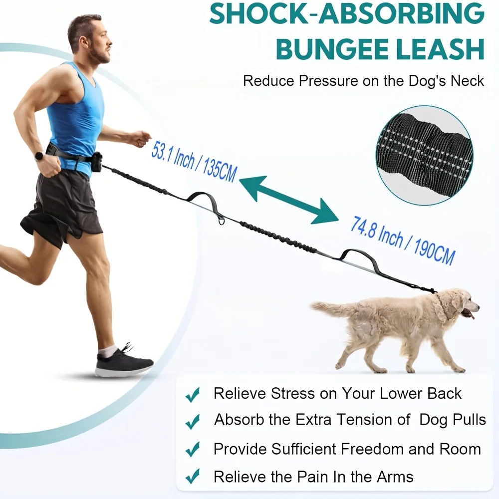 Heavy Duty Hands Free Dog Leash with Waist Belt & Zipper Pouch, Shock Absorbing Bungee Reflective Leash for Small Medium Large