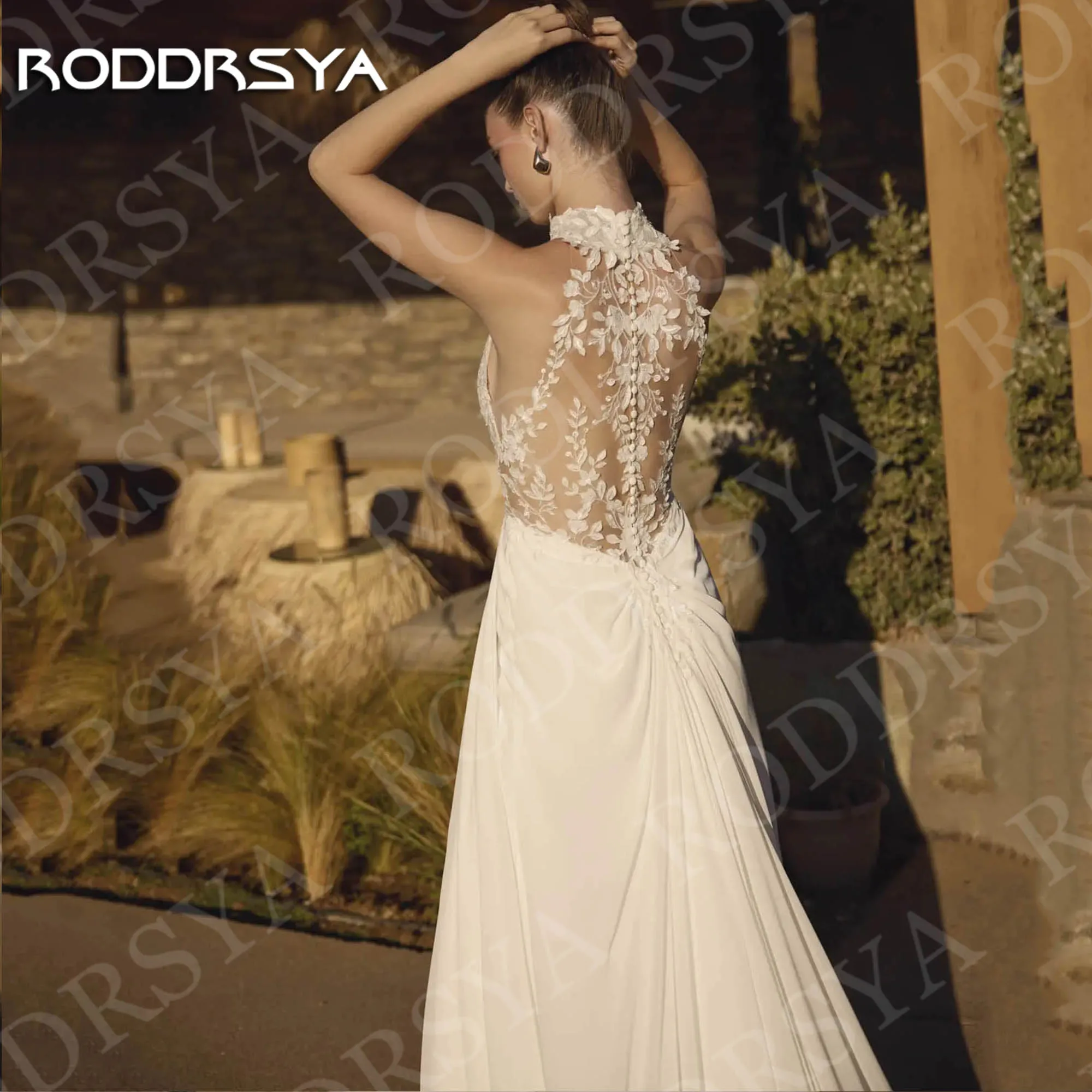 RODDRSYA فستان زفاف الشاطئ حورية البحر شق رومانسي بدون أكمام الوهم الخلفي زينة فساتين زفاف مخصصة رداء دي ماري شاطئ فستان الزفاف حورة البحر الشق رومانسية بلا أكمام وهم الظهر تطبق فساتين العروس مخصصة