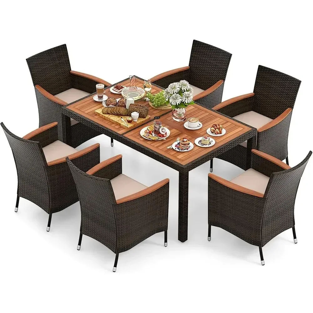 Outdoor Wicker 7-Piece Patio Dining Set with Acacia Wood Table, 6 Stackable Chairs, Umbrella Hole & Cushions