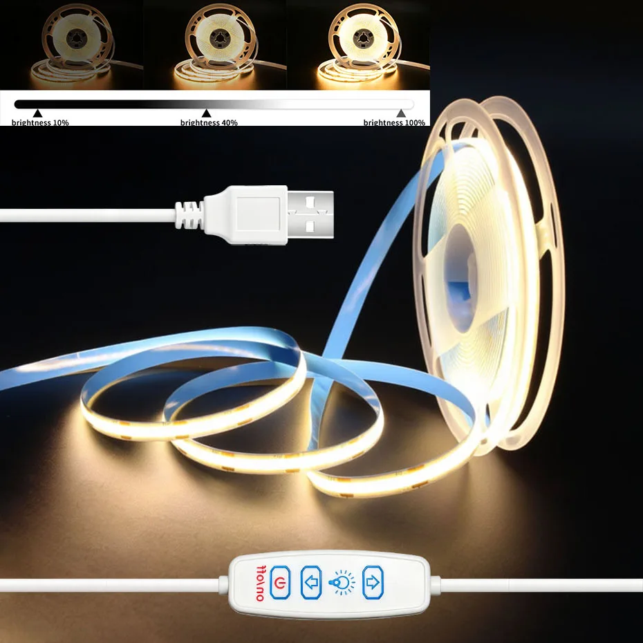 5V 3Key Dimmer COB Led Strip USB Dimmable Led Tape Adhesive 320 LEDs Flex Ribbon Lamp for Under Cabinet Kitchen TV Backlight