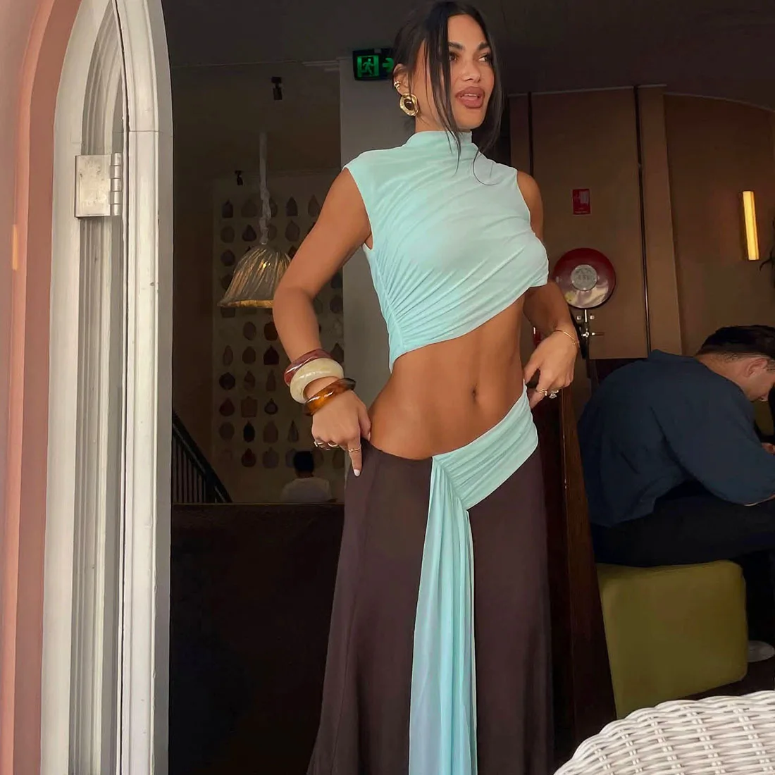 Sexy retalhos saias conjuntos de duas peças para mulheres moda sem mangas regatas e saias longas feminino conjuntos de vestido casual 2026