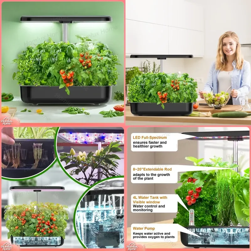 Hydroponic Growing System Indoor LED Grow Light Kit 12 Pod Water Pump for Herbs Vegetables Plants Home Kitchen Garden Farming