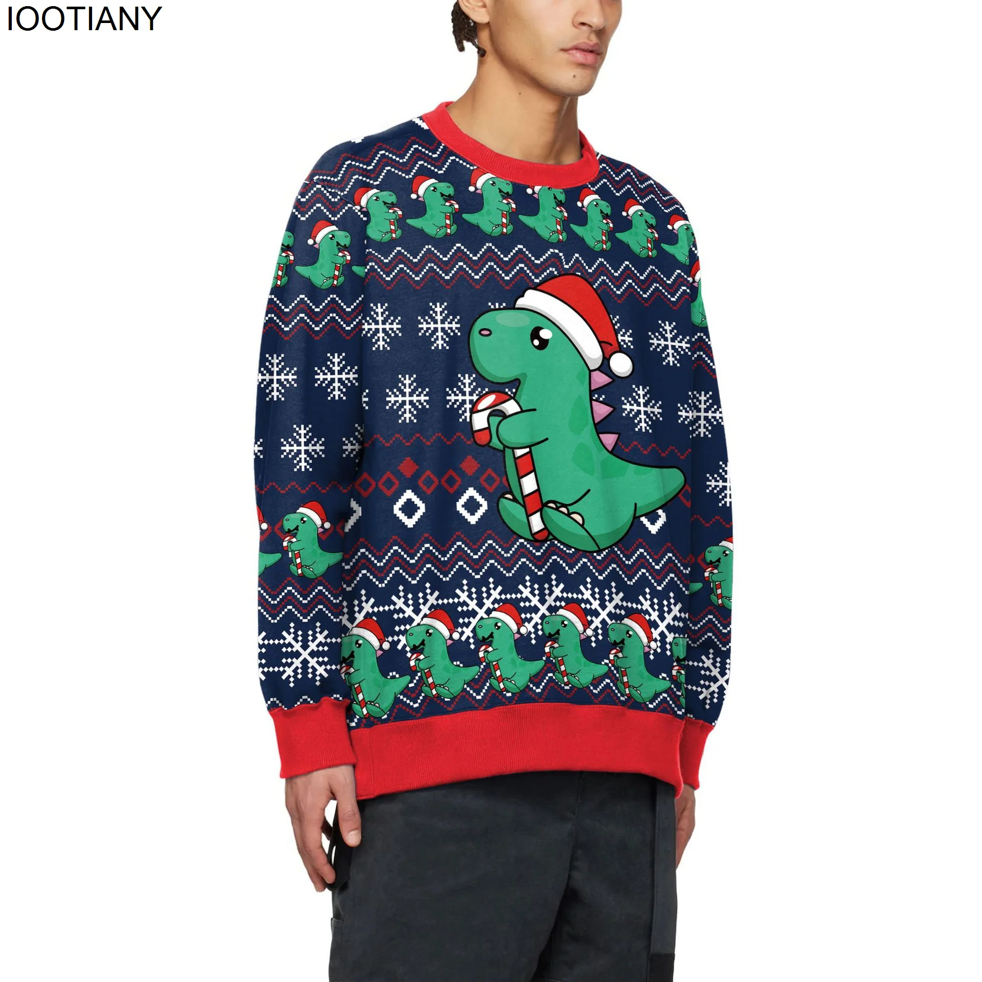 IOOTIANY Men Autumn Party Holiday Pullovers 3D Printed Loose Sweatshirts Top Funny Cute Cartoon Dinosaur Ugly Christmas Sweater