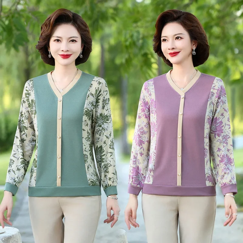 Stylish Middle-Aged And Elderly Fashionable T-Shirt Plus Size Spring Autumn Thin Knitted Top Long Sleeve Base Layer Top