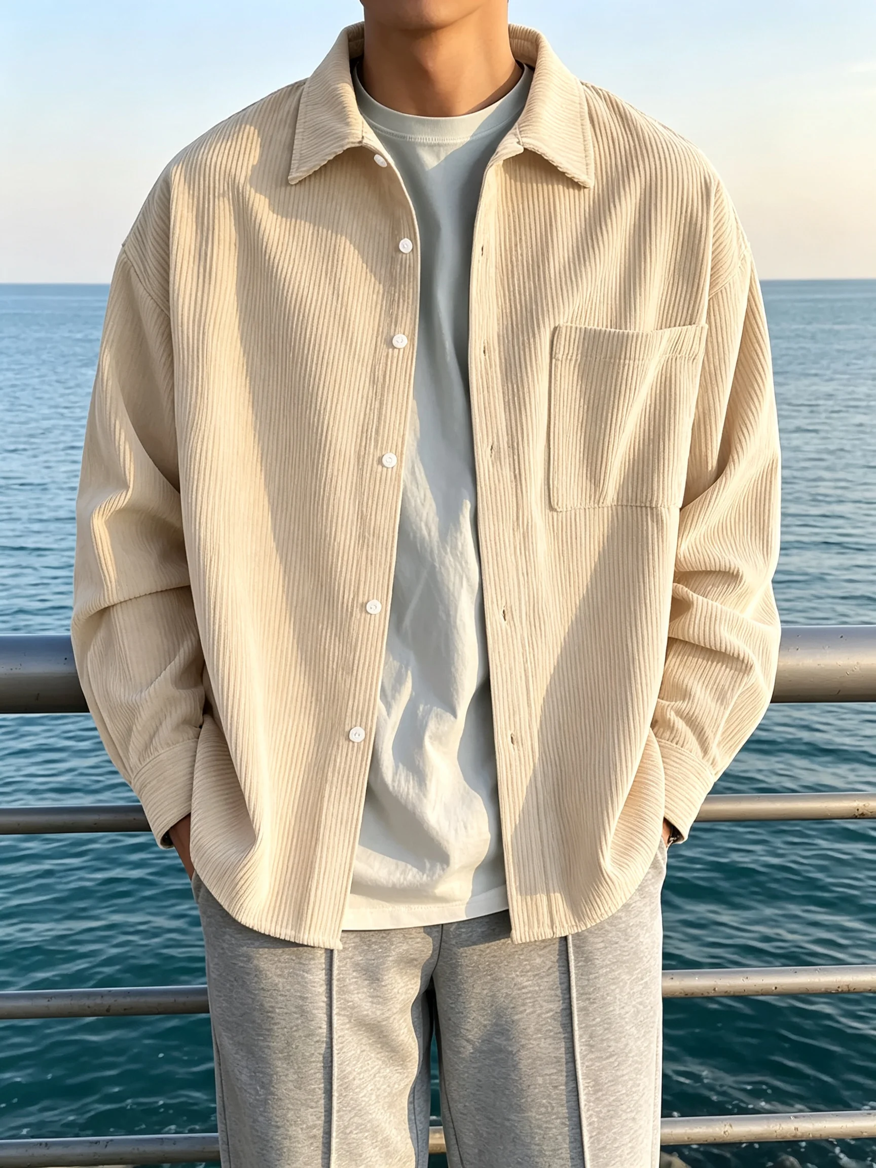 Men Corduroy Long Sleeve Shirt Lapel Collar Single Chest Pocket Button Down Loose Casual Overshirt Streetwear Jacket