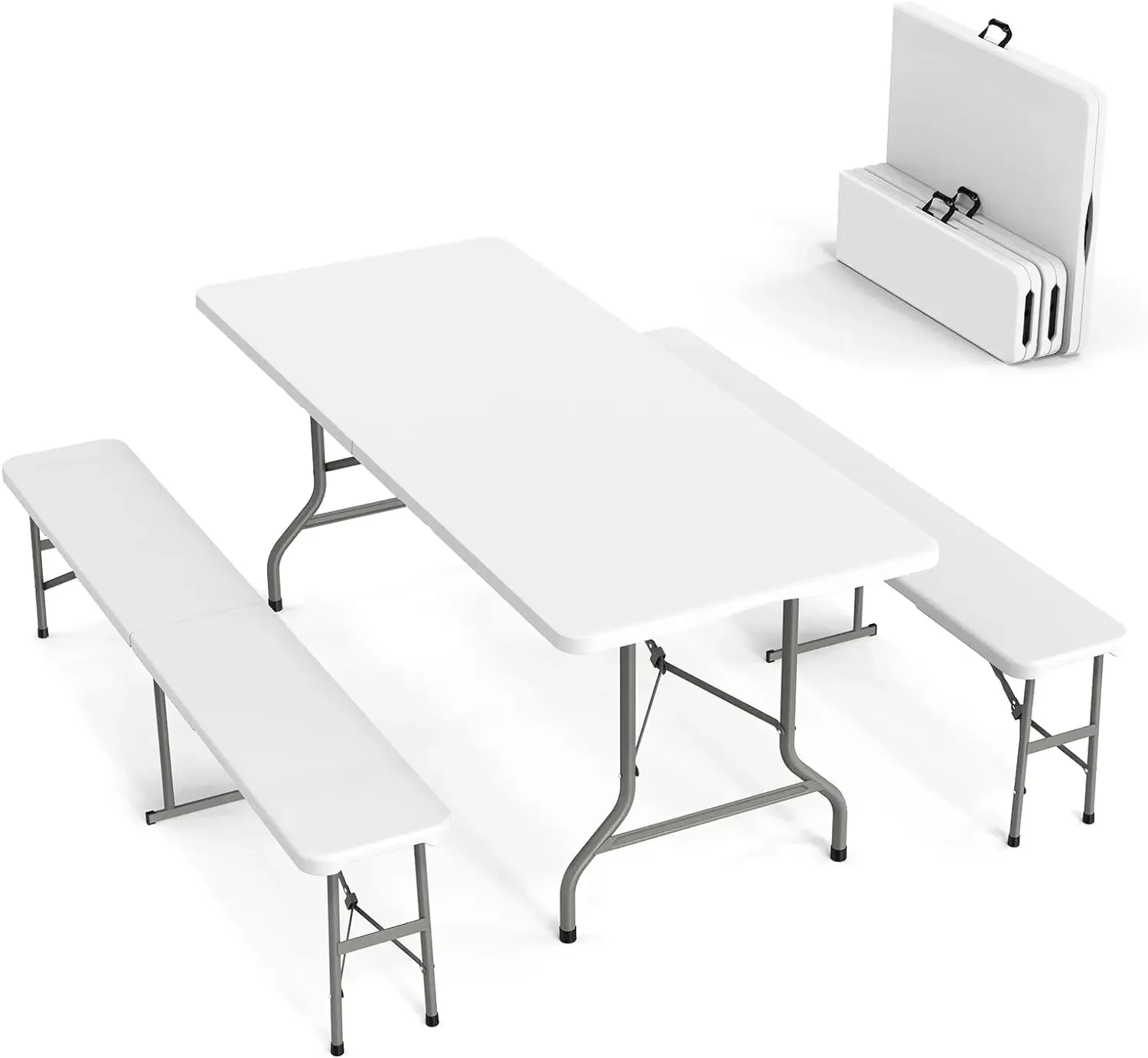 

Picnic Table Set with 2 Benches, 6 Feet Camping Table Chair Set,3-Piece Folding Furniture for Indoor or Outdoor Use