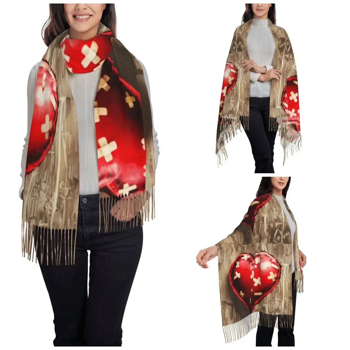 Banksy Bandaged Heart Shawl Wrap for Women Winter Large Long Scarf Pashminas Tassel Scarves