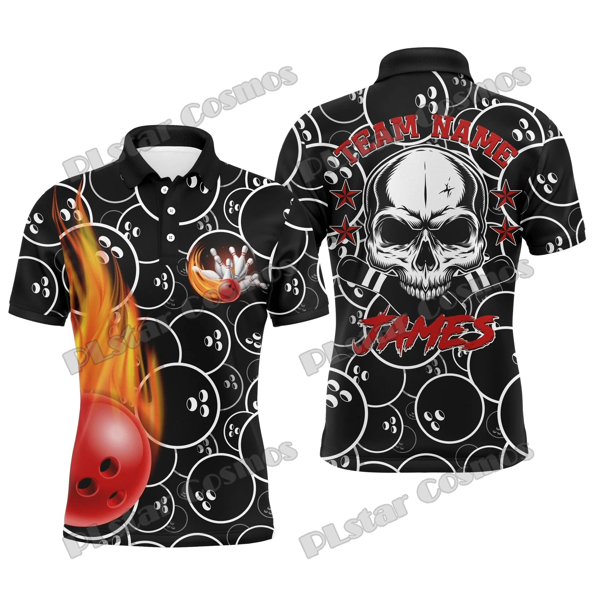 

Skull Flame Bowling Custom Name 3D Printed Men's Polo Shirt Summer Street Casual Bowling Jersey Gift For Bowling Players WK52