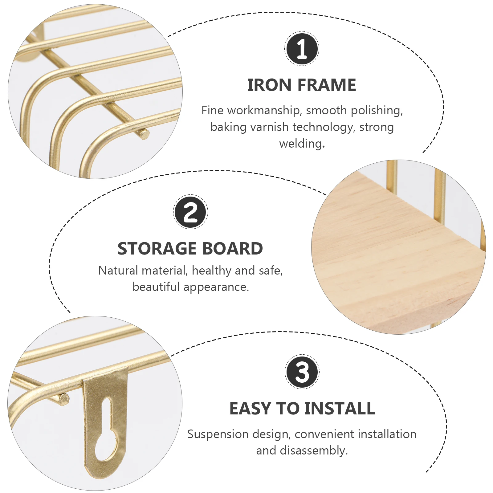 

1pc Nordic Style Wall Mounted Storage Rack Iron Wall Shelf Golden Sturdy Home Bathroom Kitchen Living Room Decorative