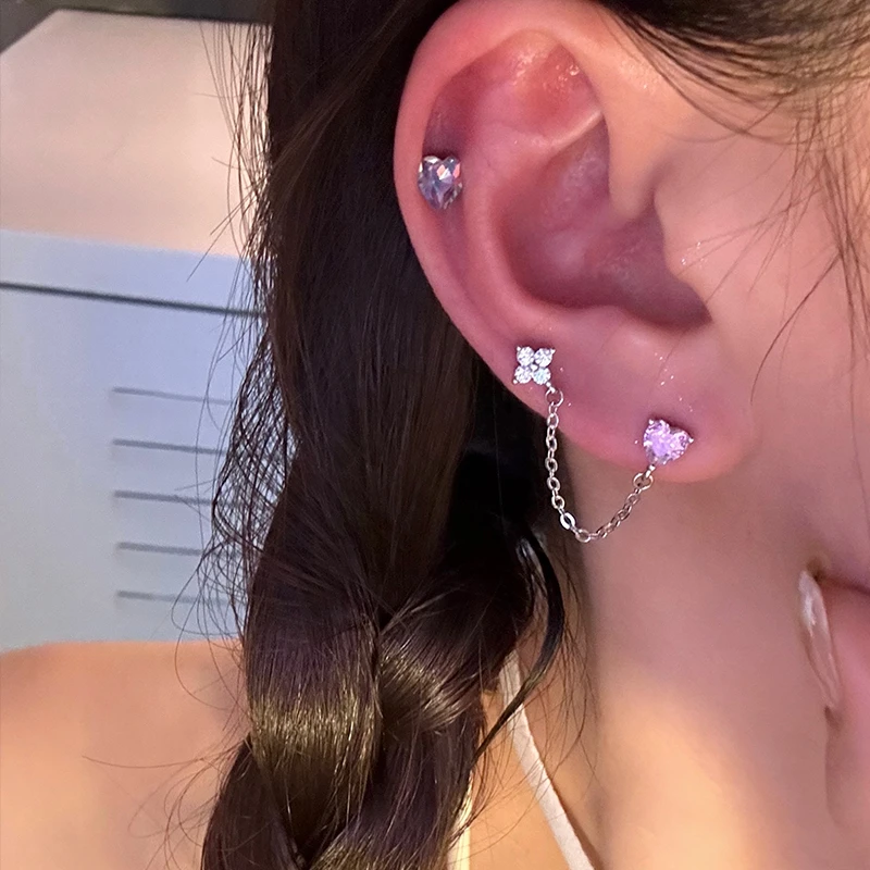 1 PCS Korean Style Shiny Ear Bone Nail 316L Stainless Steel Y2K Cute Pink Bowknot Zircon Crystal Earring Women Cochlea Jewelry