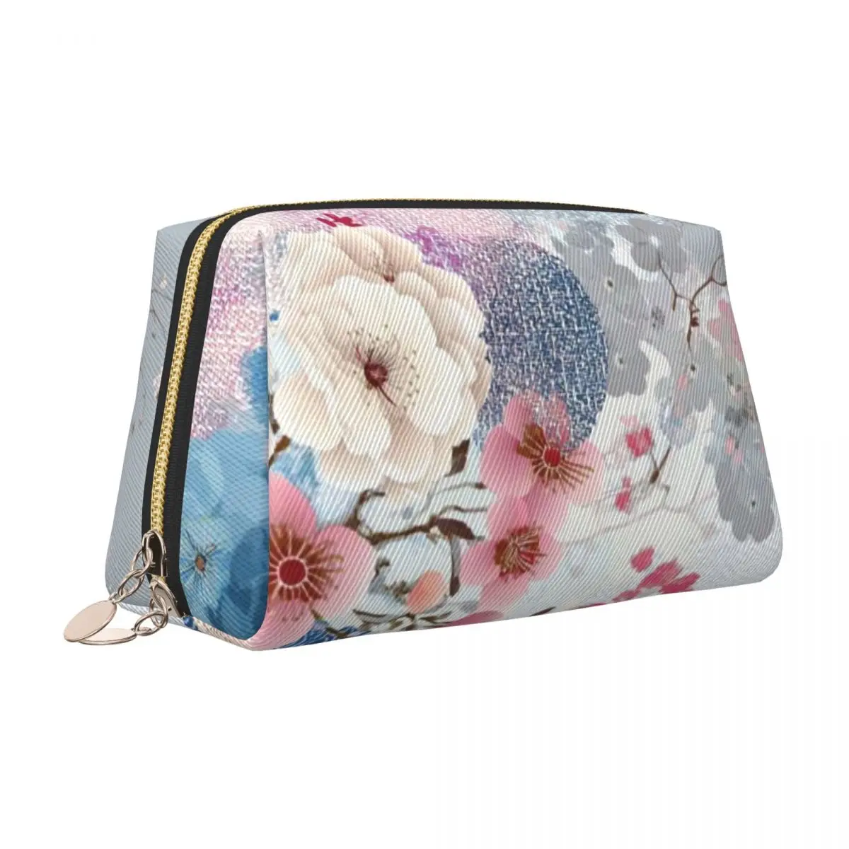 Vintage Cherry Blossom Women's Leather Makeup Bag, Waterproof Toiltries Bag, Women's Cosmetics Storage
