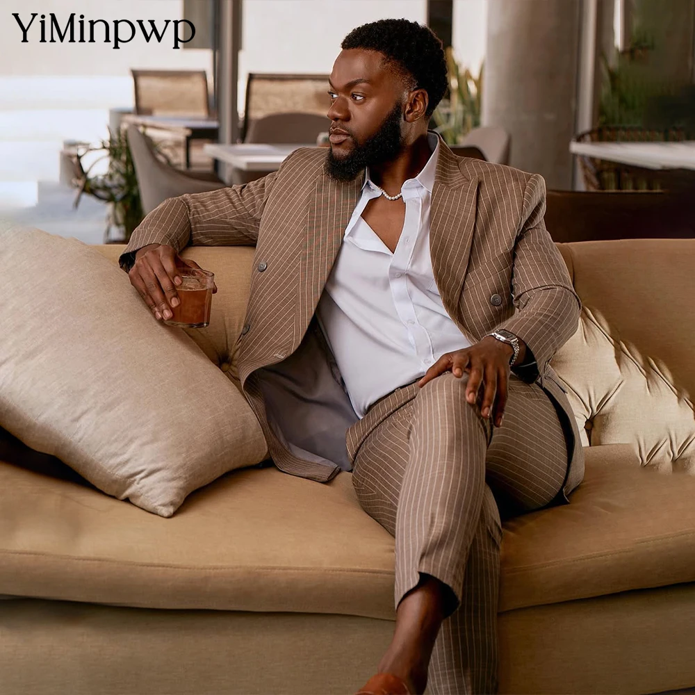 

YiMinpwp Brown Men's Striped Suit 2-Piece Peaked Lapel Satin Party Suit Single Breasted Men's Formal Attire for Office XS-5XL