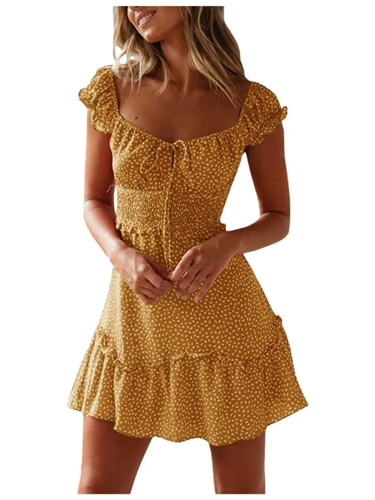 2025 Women's Sexy Ruched Printed Mini Dresses Short Sleeve Heart Neckline Lace Up Short Dress Vintage Boho Floral Summer Dress