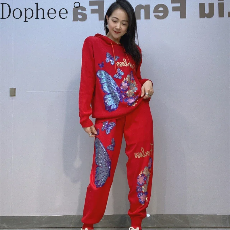 

Новые весенне-осенние вязаные толстовки с капюшоном, свободный пуловер с бриллиантами и бабочкой + спортивные брючные костюмы с высокой талией на шнурке