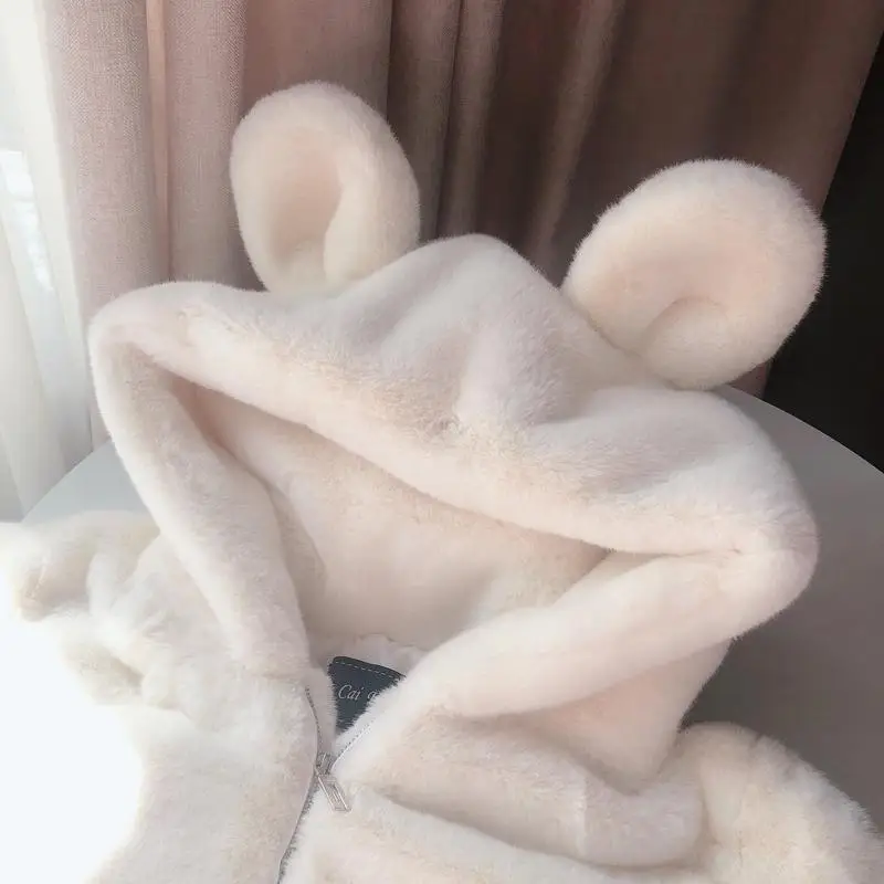 Women Winter Fur Coat New Cute Bear Ears Furry Velvet Padded Jacket Lady Loose Imitation Mink Fur Overcoat A1142