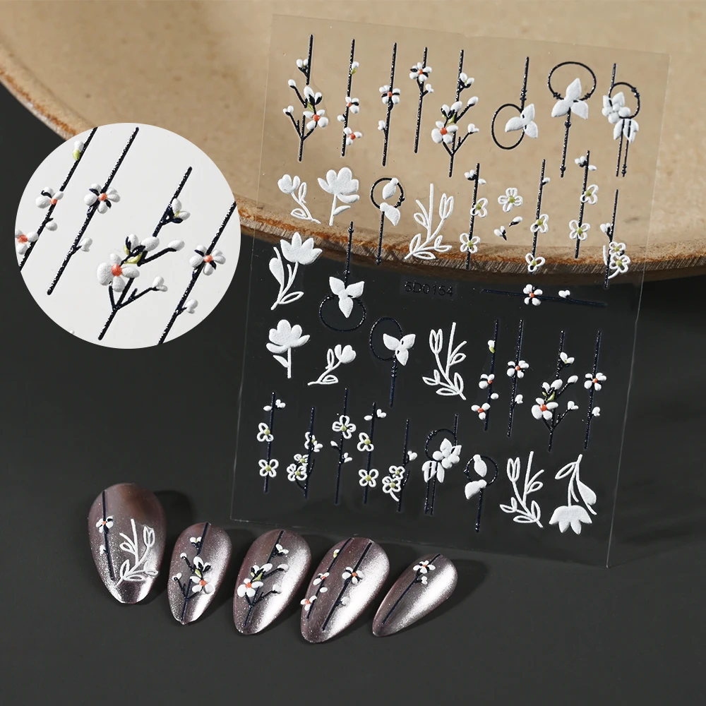 5D Embossed Autumn Winter Plum Blossom Nail Stickers Simple White Floral Petal Leaves Design Y2K Slider Nail Art Decals Decorati
