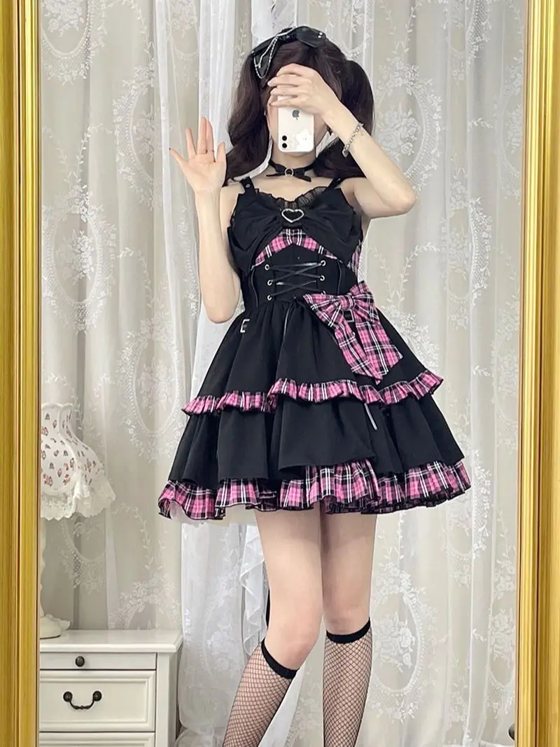 Idol clothes Lolita JSK Dress Red Plaid Pattern senza maniche Ruffles Bows Lace Up Lolita Jumper gonna di Alice Girl-Pre-order