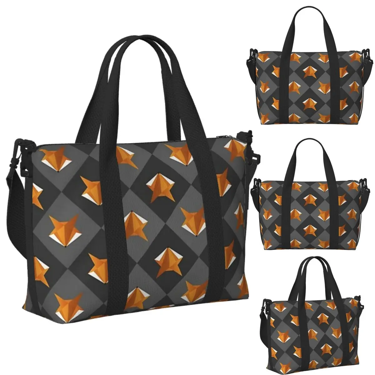 

Custom Kitsune Geometric Fox Beach Travel Bag Large Capacity Tote Bags for Gym Yoga Women Shopping Duffle Shoulder Bag
