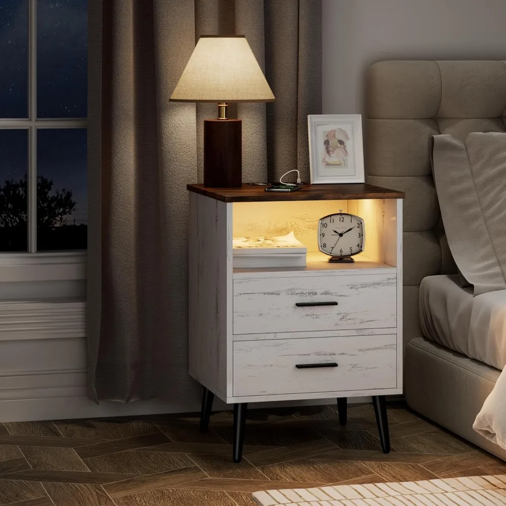 منضدة LED مع قاعدة شحن - طاولة بجانب السرير خشبية ذات درجين للمعيشة المنزلية الذكية