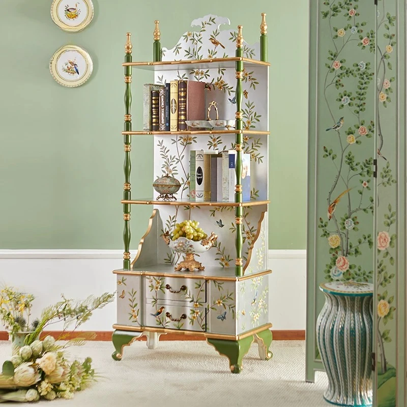 French Chinese style bookshelf, solid wood hand-painted display cabinet, retro storage shelf