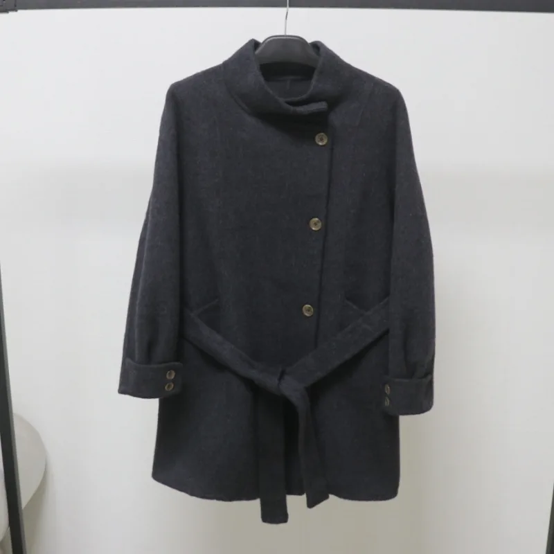 

Women's Autumn Winter Elegant Double Breasted Turtleneck Wool Coat Lady Solid Color Long Sleeve Loose Warm Wool Outwear