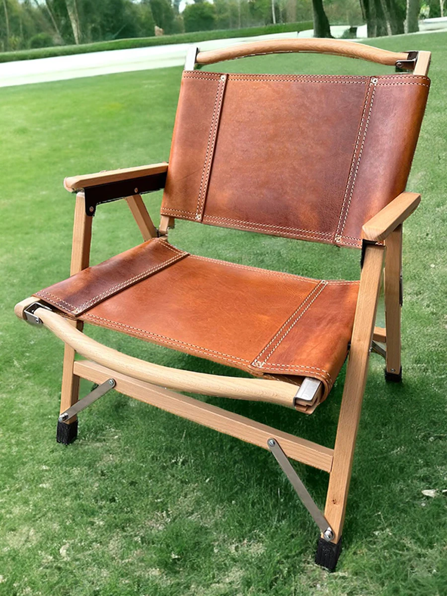 Kursi malas bangku beech lipat kulit sapi