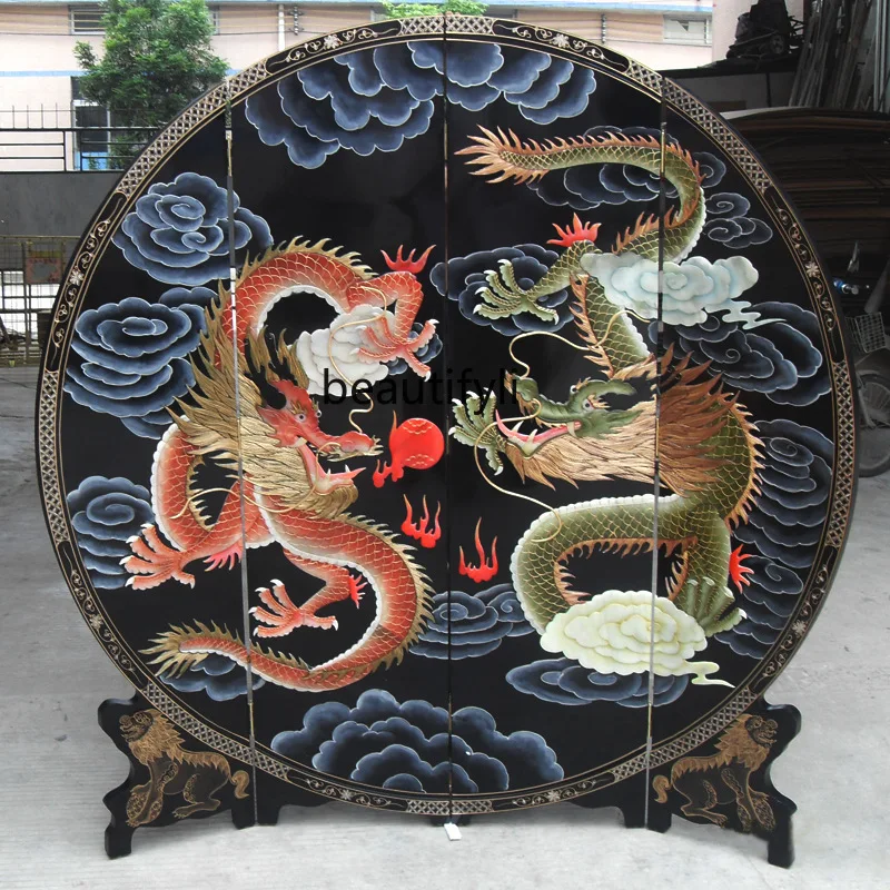 Round four-fan screen hand-painted blue and red double dragon screen Chinese classical furniture of Ming and Qing Dynasties