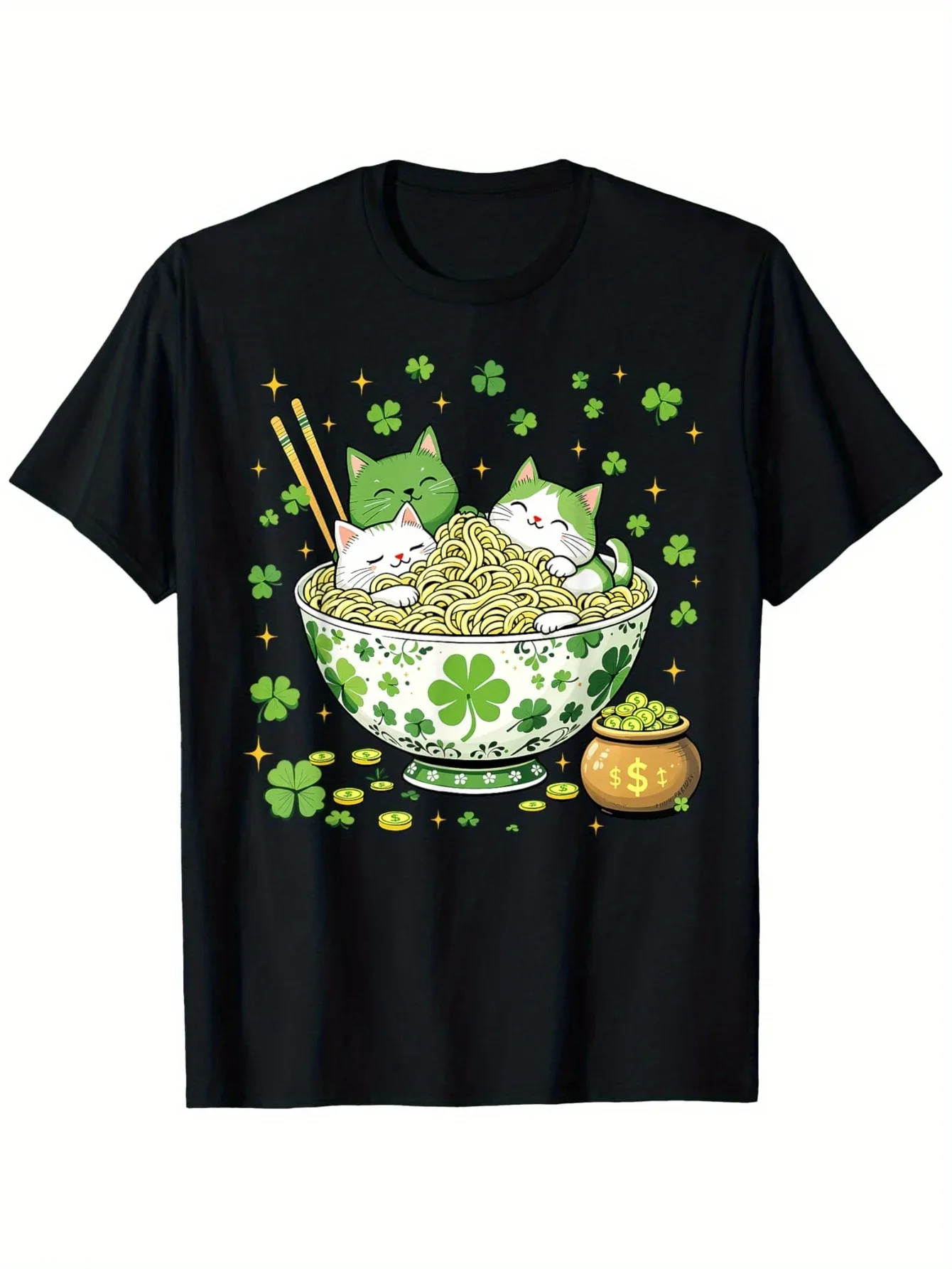 

St Patrick Ramen Cats Cute Clover Graphic Tee Soft Casual T-Shirt for Men