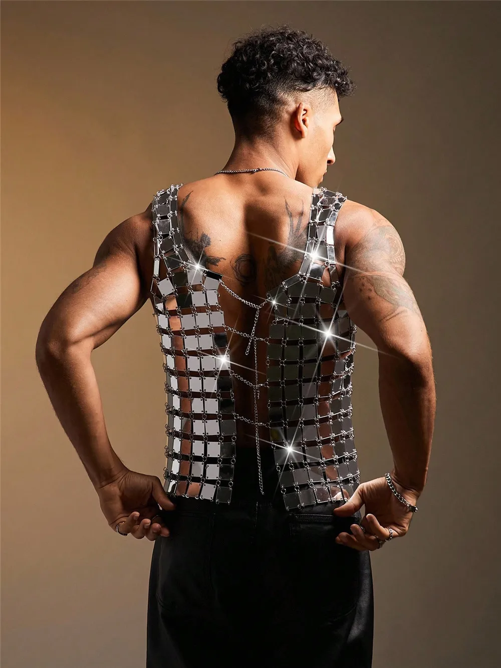 メンズアクリルミラーベスト、セクシーなシースルートップス、パーティーパフォーマンスウェア、レイブ、フィット感のあるクロップメッシュベスト
