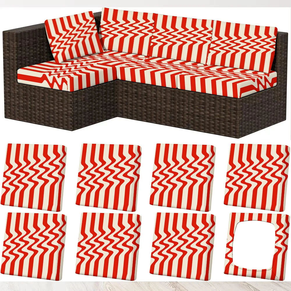 Summer Outdoor Sofa Cover with Red and White Chevron Pattern, Elastic Milk Silk Cushion Cover, Pet - Friendl