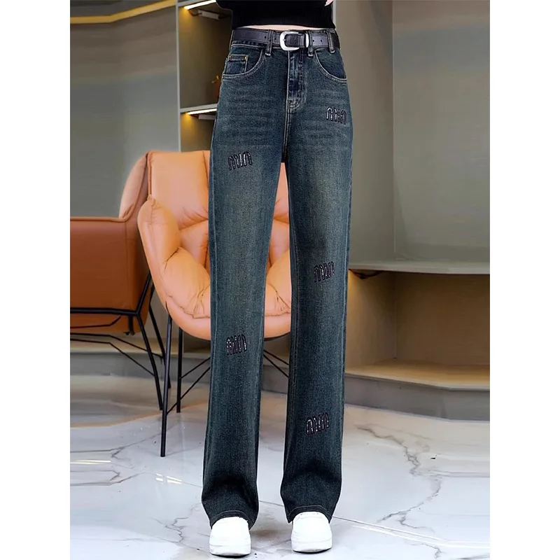 

Narrow straight leg jeans women's spring high-waisted slimming 100 wide leg pants with embroidery pants